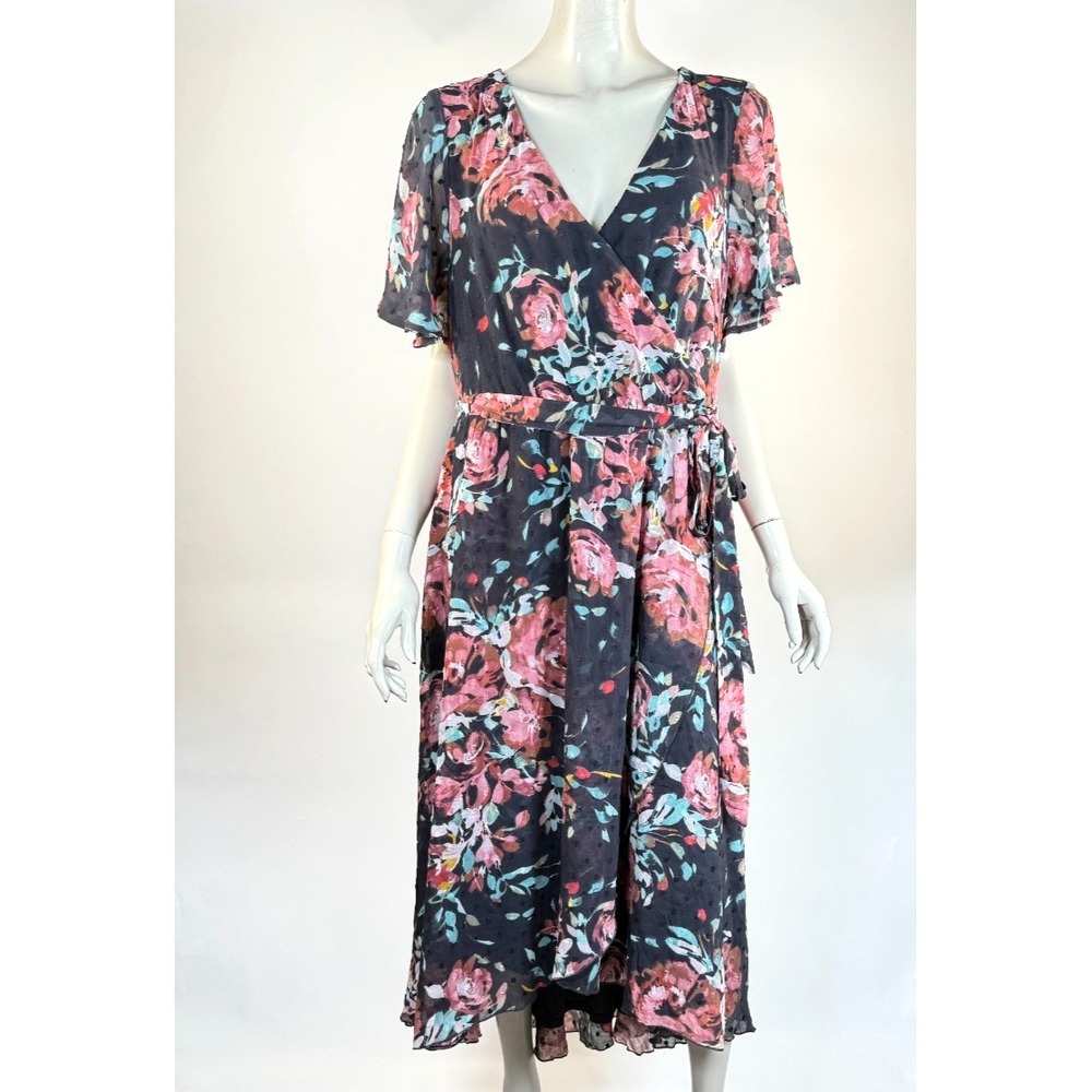 Torrid Faux Wrap Dress Women 3X NWT Short Sleeve‎ Floral Lined Chiffon V-neck